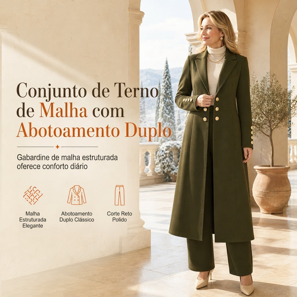 Conjunto Elegante de Outono Feminino de 2 Peças com Casaco Retrô de Manga Longa e Calça Simples