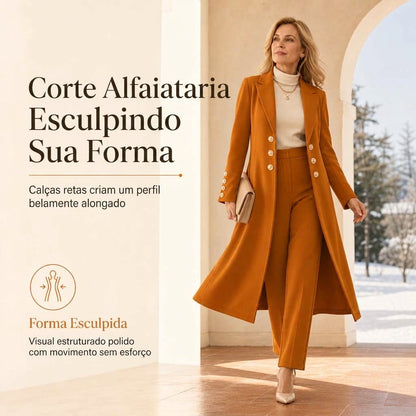 Conjunto Elegante de Outono Feminino de 2 Peças com Casaco Retrô de Manga Longa e Calça Simples