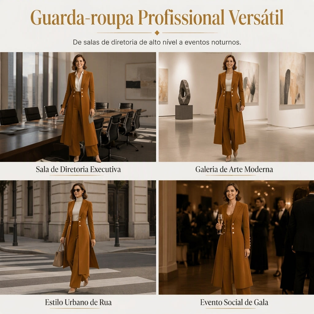 Conjunto Elegante de Outono Feminino de 2 Peças com Casaco Retrô de Manga Longa e Calça Simples