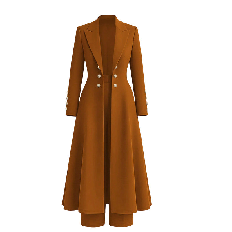 Conjunto Elegante de Outono Feminino de 2 Peças com Casaco Retrô de Manga Longa e Calça Simples