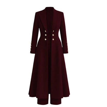 Conjunto Elegante de Outono Feminino de 2 Peças com Casaco Retrô de Manga Longa e Calça Simples