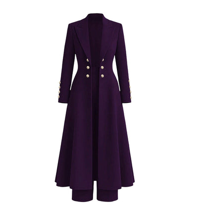 Conjunto Elegante de Outono Feminino de 2 Peças com Casaco Retrô de Manga Longa e Calça Simples