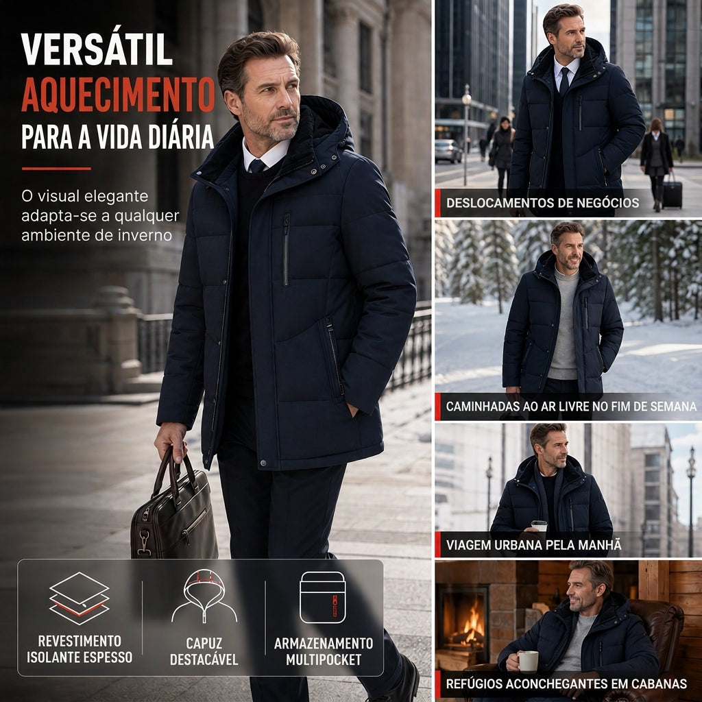 Casaco de Algodão Acolchoado de Inverno Espesso de Comprimento Médio para Homens, Casual de Negócios para Homens de Meia-Idade