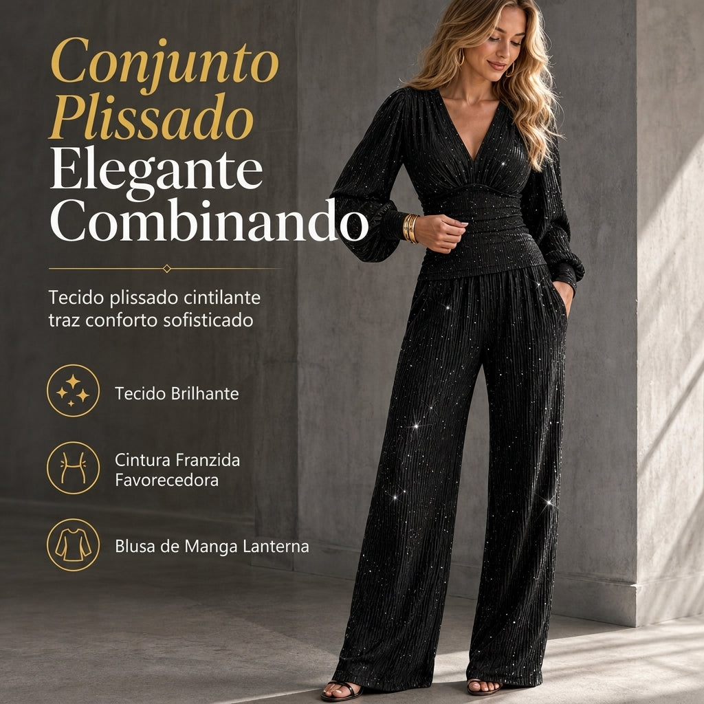 🎁✨ Conjunto de duas peças para mulheres Outono Inverno Blusa com decote em V profundo, mangas lanternas e pregas e Calça de perna larga com bolsos