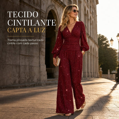 🎁✨ Conjunto de duas peças para mulheres Outono Inverno Blusa com decote em V profundo, mangas lanternas e pregas e Calça de perna larga com bolsos