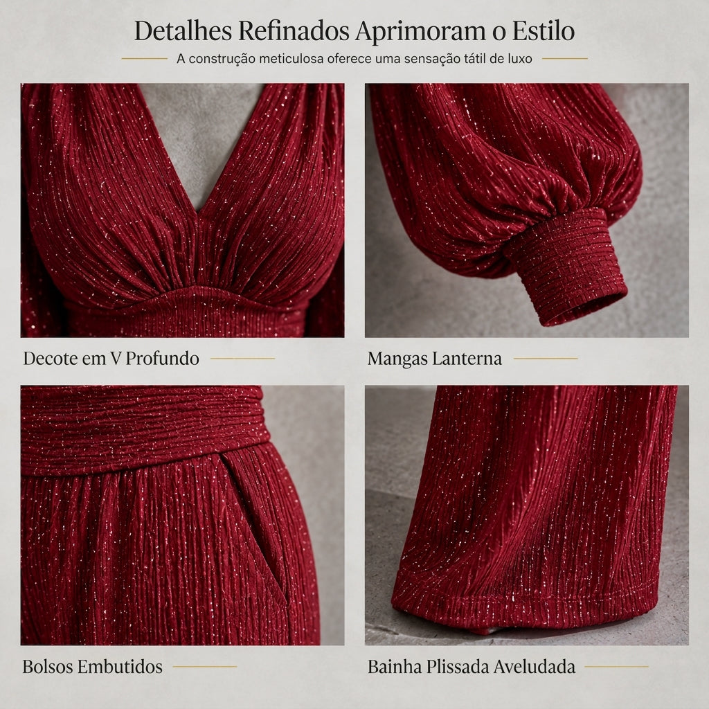 🎁✨ Conjunto de duas peças para mulheres Outono Inverno Blusa com decote em V profundo, mangas lanternas e pregas e Calça de perna larga com bolsos
