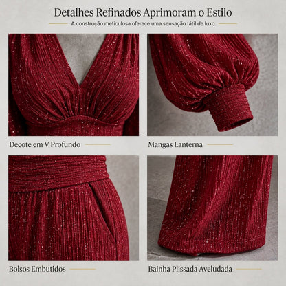 🎁✨ Conjunto de duas peças para mulheres Outono Inverno Blusa com decote em V profundo, mangas lanternas e pregas e Calça de perna larga com bolsos