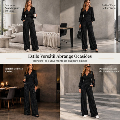 🎁✨ Conjunto de duas peças para mulheres Outono Inverno Blusa com decote em V profundo, mangas lanternas e pregas e Calça de perna larga com bolsos