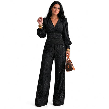 🎁✨ Conjunto de duas peças para mulheres Outono Inverno Blusa com decote em V profundo, mangas lanternas e pregas e Calça de perna larga com bolsos