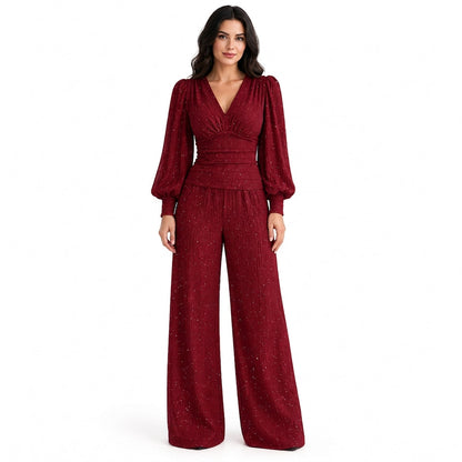🎁✨ Conjunto de duas peças para mulheres Outono Inverno Blusa com decote em V profundo, mangas lanternas e pregas e Calça de perna larga com bolsos