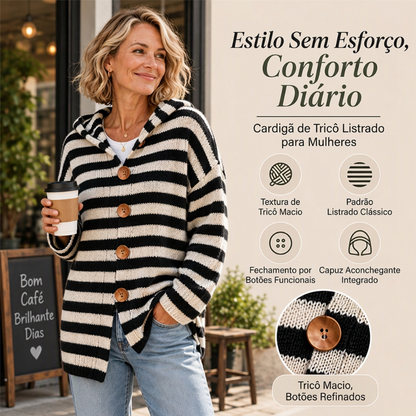 Cardigã de tricô com capuz e listras para mulheres