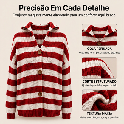 Cardigã de tricô com capuz e listras para mulheres