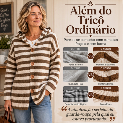 Cardigã de tricô com capuz e listras para mulheres