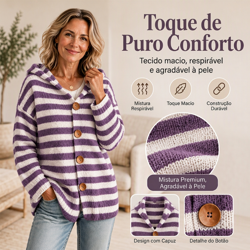 Cardigã de tricô com capuz e listras para mulheres