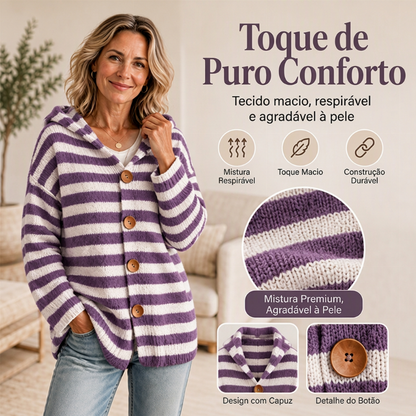 Cardigã de tricô com capuz e listras para mulheres