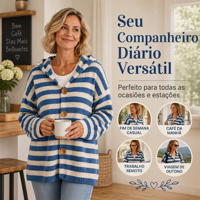 Cardigã de tricô com capuz e listras para mulheres