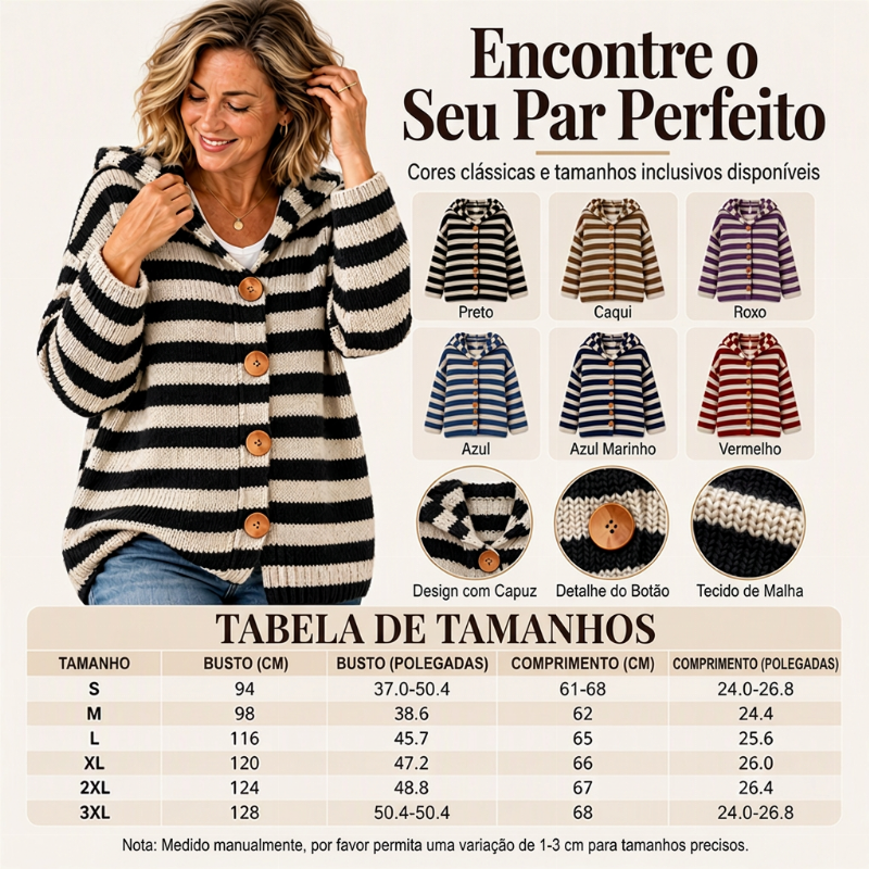 Cardigã de tricô com capuz e listras para mulheres