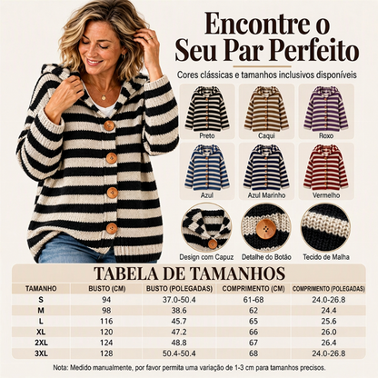 Cardigã de tricô com capuz e listras para mulheres