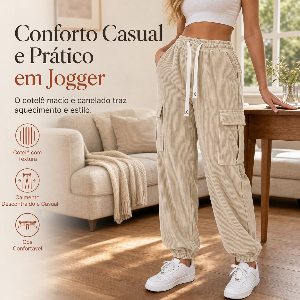 Calça Jogger de Veludo Cotim Casual Feminina