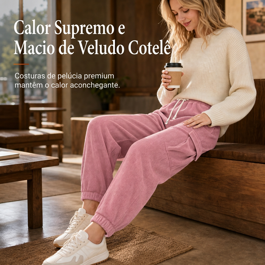 Calça Jogger de Veludo Cotim Casual Feminina