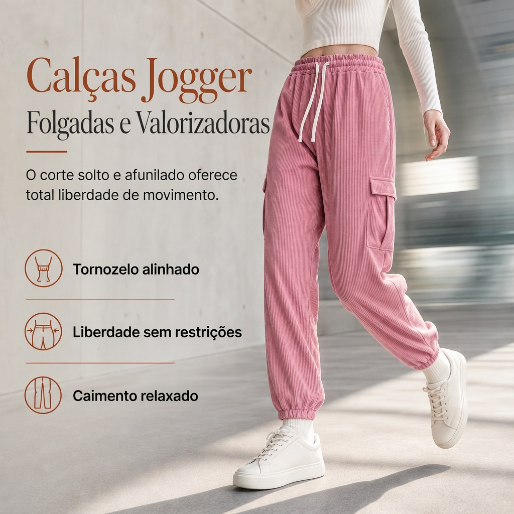 Calça Jogger de Veludo Cotim Casual Feminina