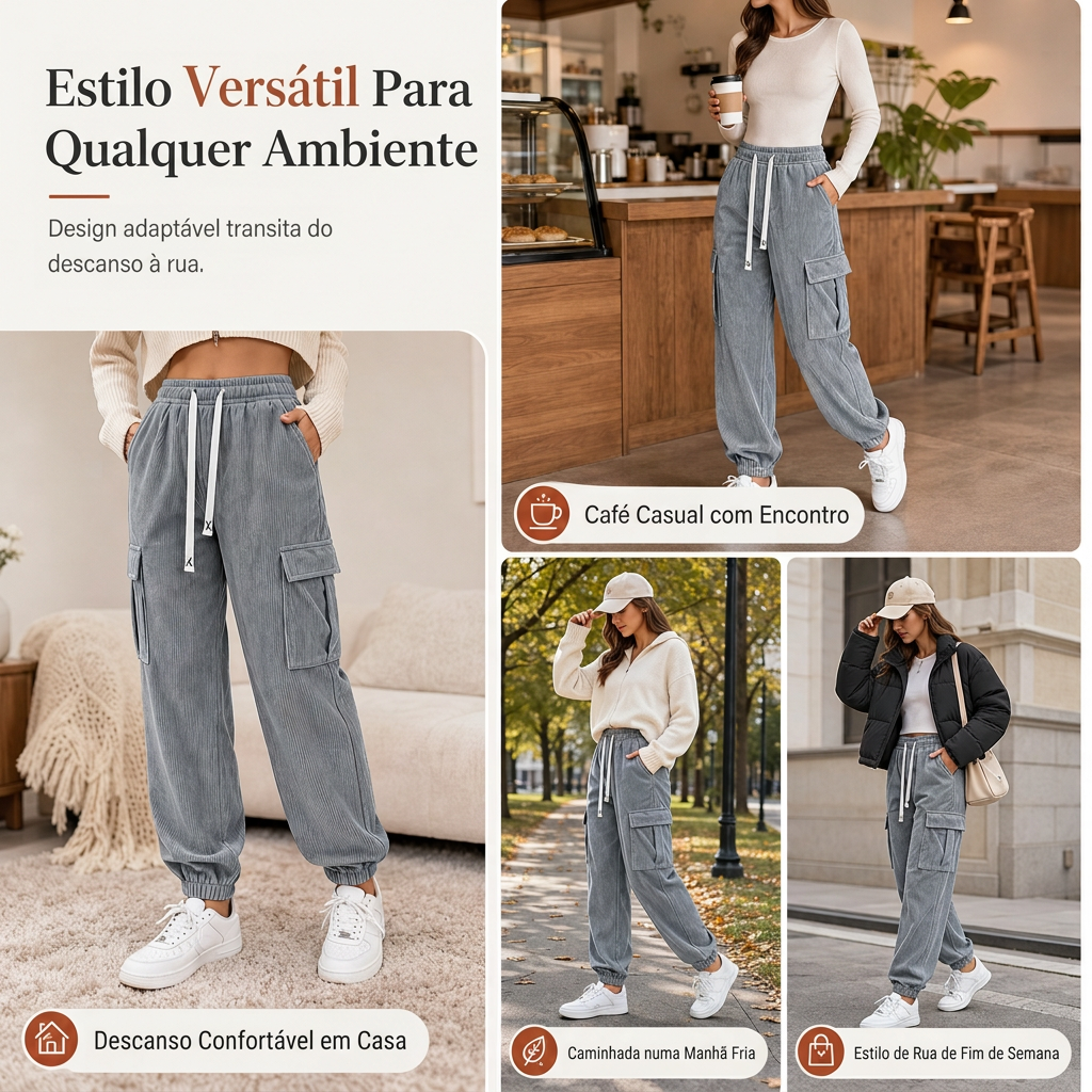 Calça Jogger de Veludo Cotim Casual Feminina