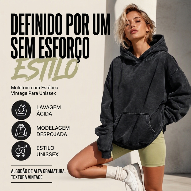 Moletom Unissex Casual Oversized com Lavagem Ácida