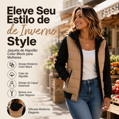 Jaqueta feminina acolchoada com capuz e bloco de cores