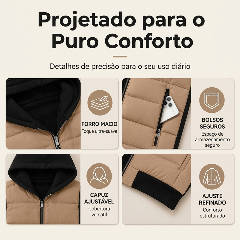 Jaqueta feminina acolchoada com capuz e bloco de cores
