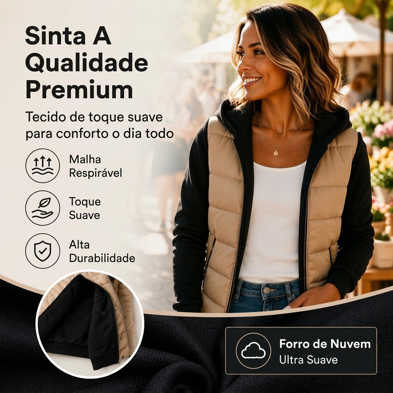 Jaqueta feminina acolchoada com capuz e bloco de cores