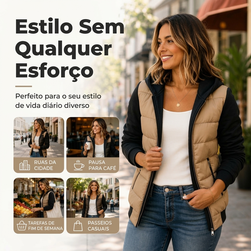 Jaqueta feminina acolchoada com capuz e bloco de cores