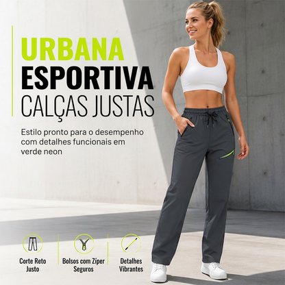 Calças esportivas casuais femininas com bolsos com zíper