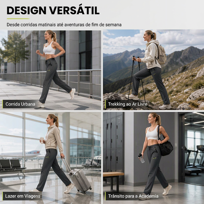 Calças esportivas casuais femininas com bolsos com zíper