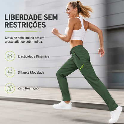 Calças esportivas casuais femininas com bolsos com zíper