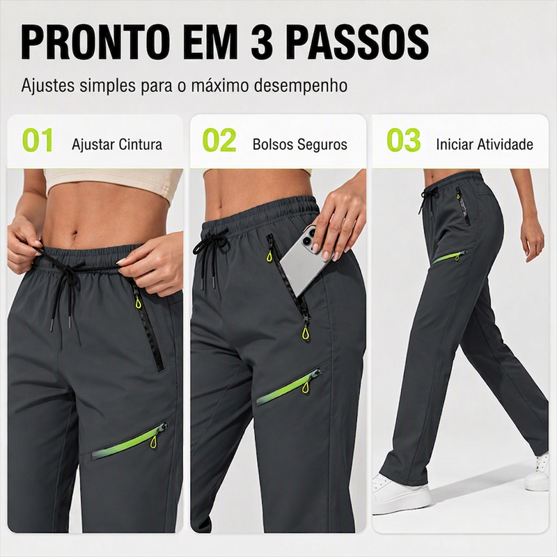 Calças esportivas casuais femininas com bolsos com zíper
