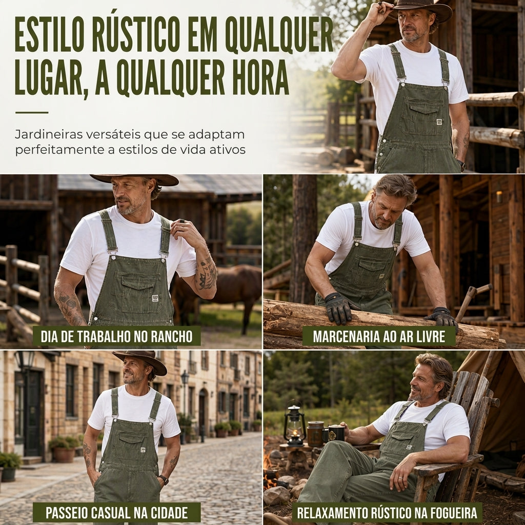 Macacão jeans de algodão pesado para homem, corte relaxado, perna reta, com múltiplos bolsos utilitários