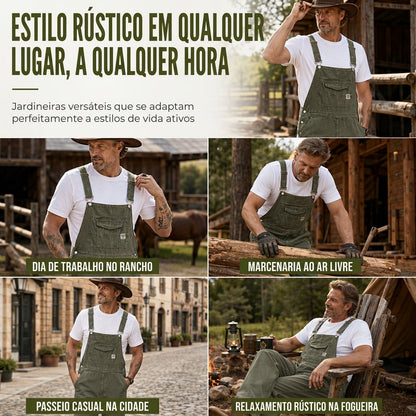 Macacão jeans de algodão pesado para homem, corte relaxado, perna reta, com múltiplos bolsos utilitários