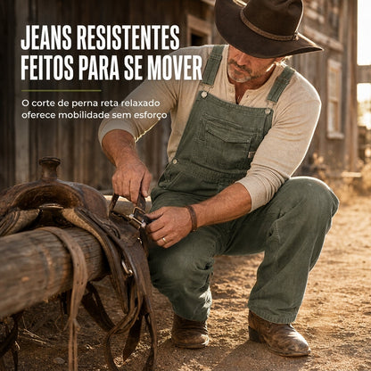 Macacão jeans de algodão pesado para homem, corte relaxado, perna reta, com múltiplos bolsos utilitários