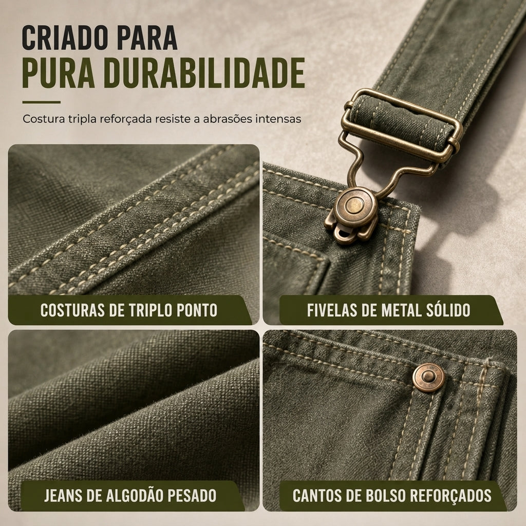 Macacão jeans de algodão pesado para homem, corte relaxado, perna reta, com múltiplos bolsos utilitários