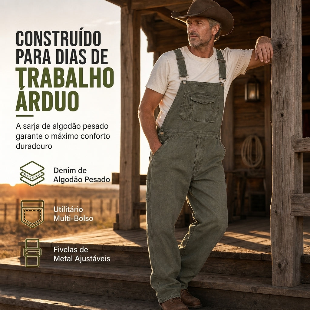 Macacão jeans de algodão pesado para homem, corte relaxado, perna reta, com múltiplos bolsos utilitários