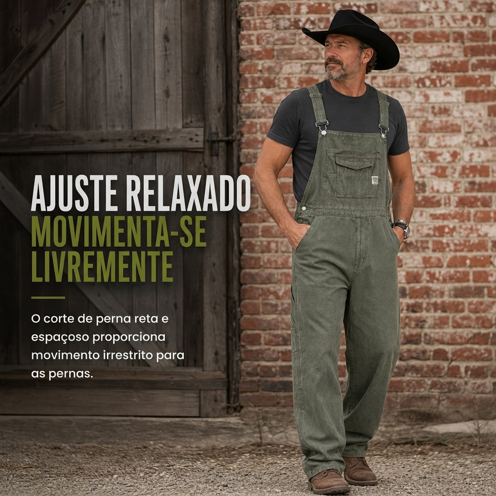 Macacão jeans de algodão pesado para homem, corte relaxado, perna reta, com múltiplos bolsos utilitários