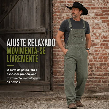 Macacão jeans de algodão pesado para homem, corte relaxado, perna reta, com múltiplos bolsos utilitários