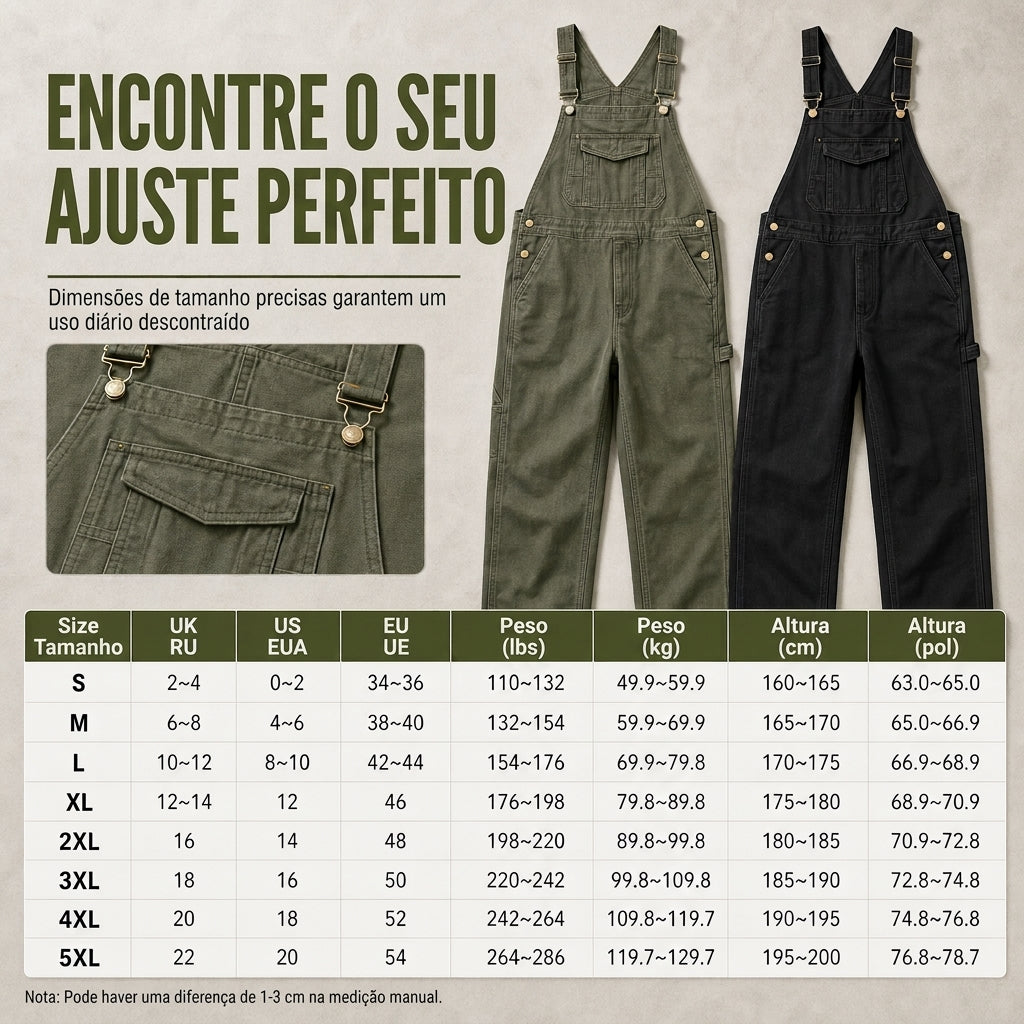 Macacão jeans de algodão pesado para homem, corte relaxado, perna reta, com múltiplos bolsos utilitários