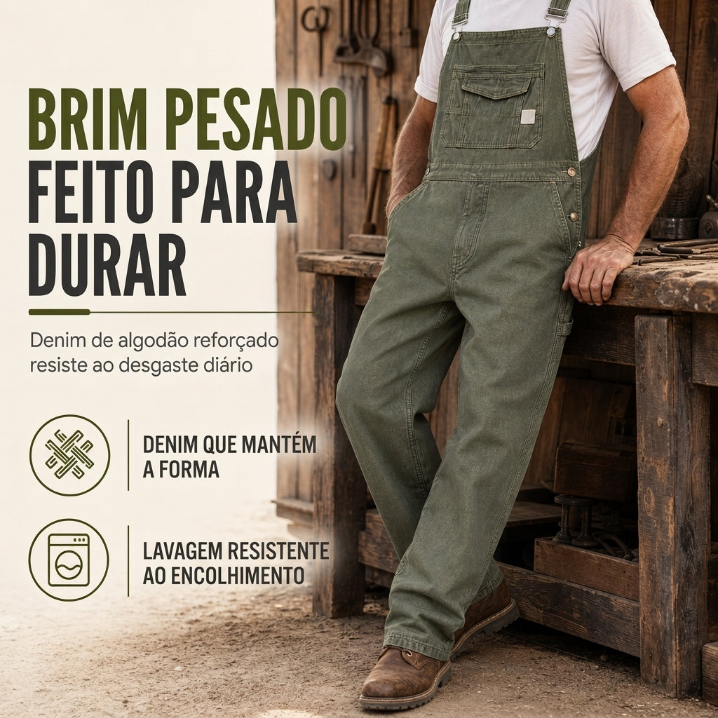 Macacão jeans de algodão pesado para homem, corte relaxado, perna reta, com múltiplos bolsos utilitários