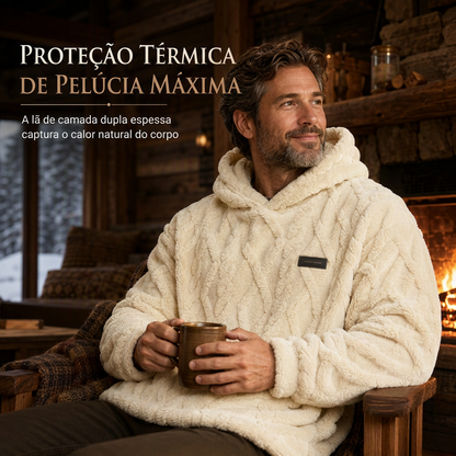 Moletom com capuz forrado de lã para inverno masculino, estampa jacquard, manga longa, pulôver, para uso casual e atividades ao ar livre