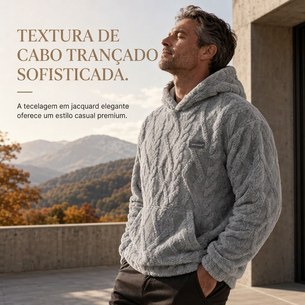 Moletom com capuz forrado de lã para inverno masculino, estampa jacquard, manga longa, pulôver, para uso casual e atividades ao ar livre