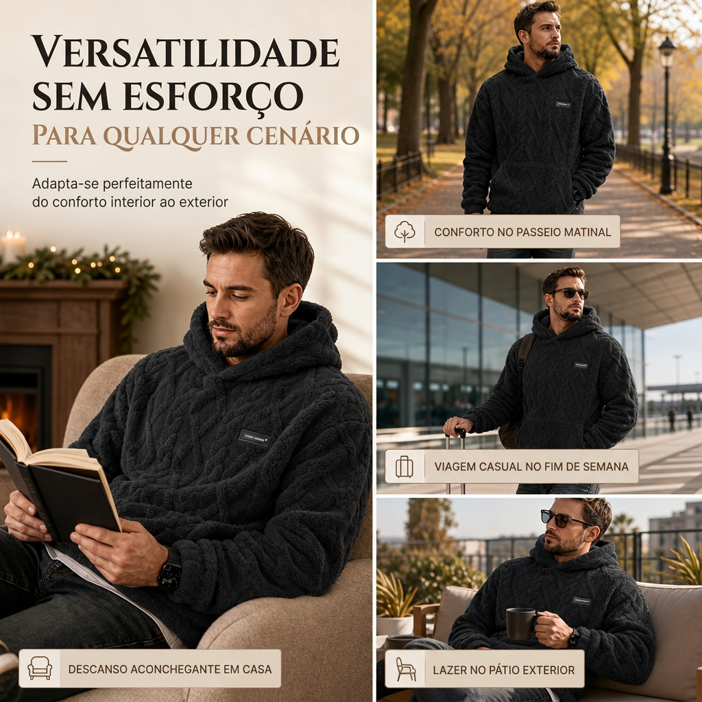 Moletom com capuz forrado de lã para inverno masculino, estampa jacquard, manga longa, pulôver, para uso casual e atividades ao ar livre