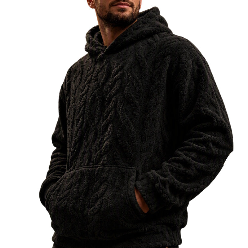 Moletom com capuz forrado de lã para inverno masculino, estampa jacquard, manga longa, pulôver, para uso casual e atividades ao ar livre