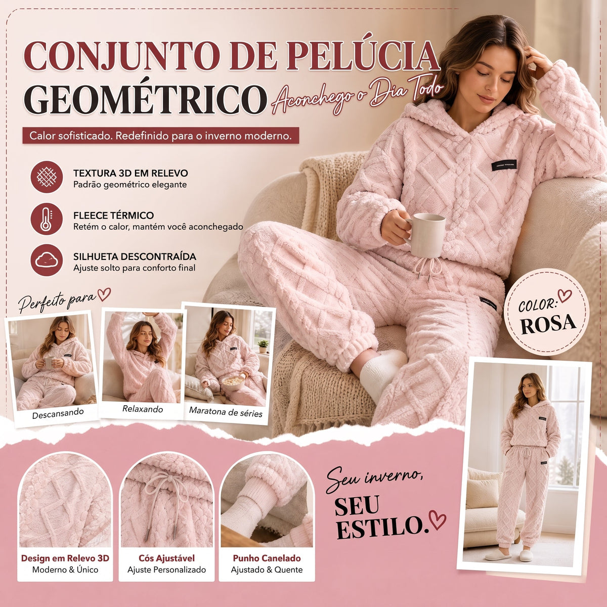 💖 Conforto Premium✨ Conjunto de Pelúcia Geométrica em Relevo – Conjunto de pelúcia em relevo quente, moderno e aconchegante para dias frios🍂👚