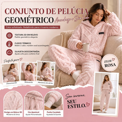 💖 Conforto Premium✨ Conjunto de Pelúcia Geométrica em Relevo – Conjunto de pelúcia em relevo quente, moderno e aconchegante para dias frios🍂👚